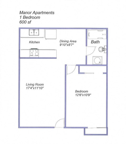 Floor plan for 1 bed, 1 bath, 600 sqft